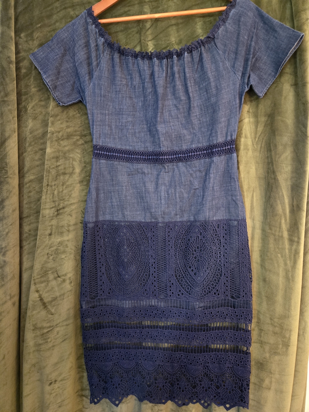 Blue Off-Shoulder Lace-Trim Denim Dress
